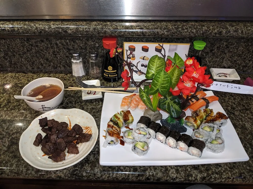 Assorted Sushi on the Plate and Hibachi Steak in the Bowl